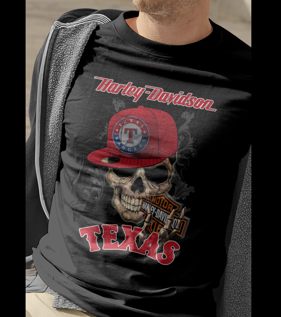 Harley Davidson Texas Skull With Texas Rangers Cap T-Shirt