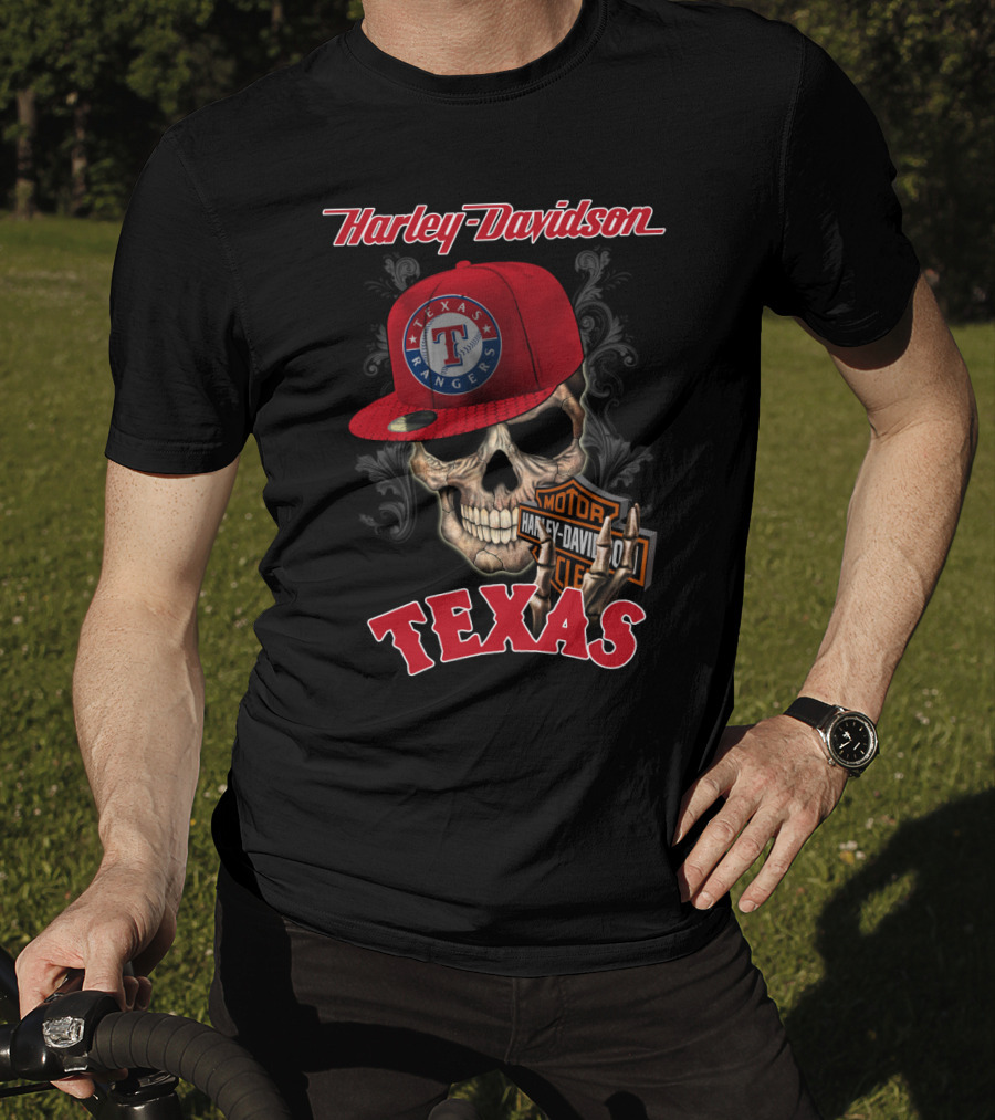 Harley Davidson Texas Skull With Texas Rangers Cap T-Shirt