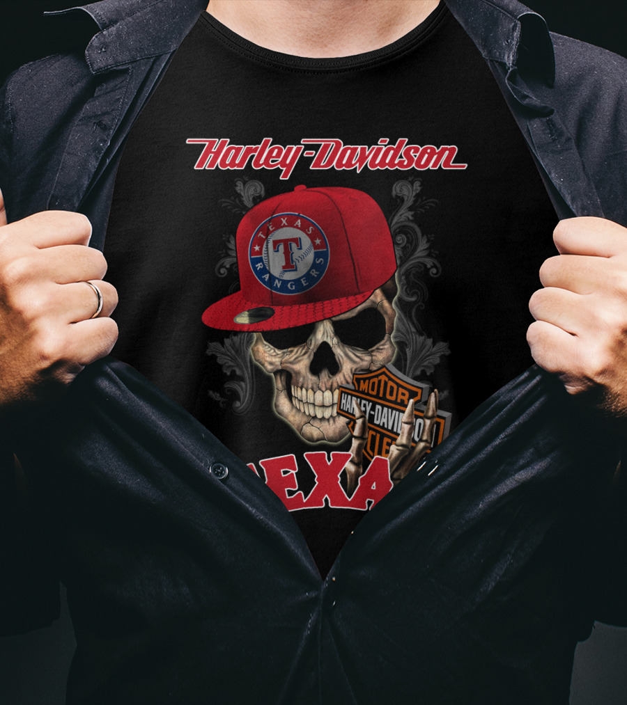 Harley Davidson Texas Skull With Texas Rangers Cap T-Shirt