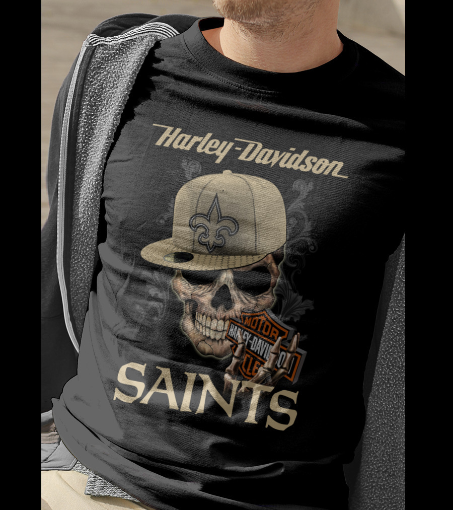 Harley Davidson Saints Skull New Orleans Fleur-De-Lis Moto T-Shirt
