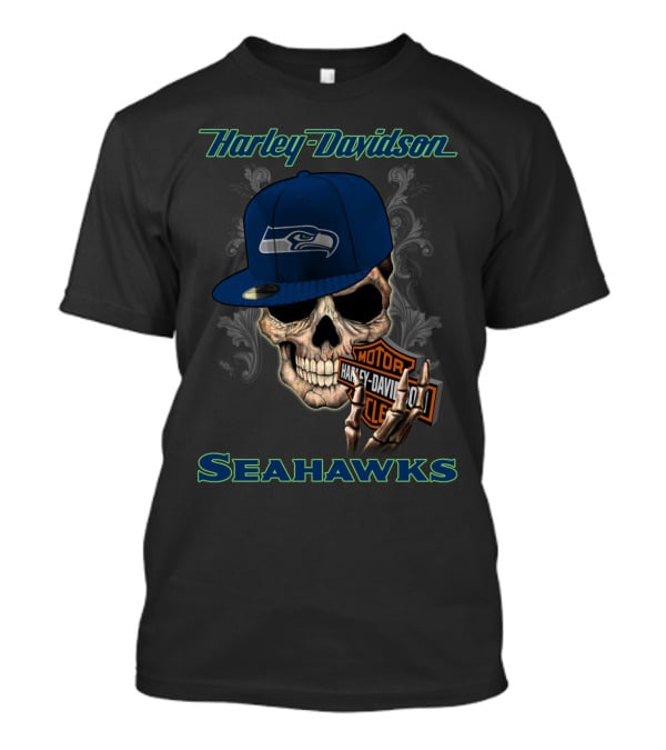 Harley Davidson Seattle Seahawks Skull With Seahawks Cap T-Shirt