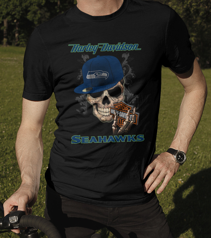 Harley Davidson Seattle Seahawks Skull With Seahawks Cap T-Shirt
