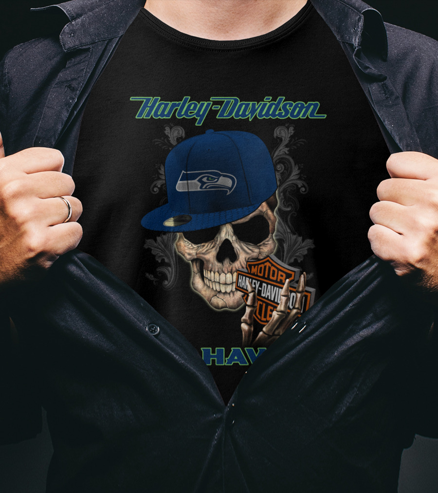 Harley Davidson Seattle Seahawks Skull With Seahawks Cap T-Shirt