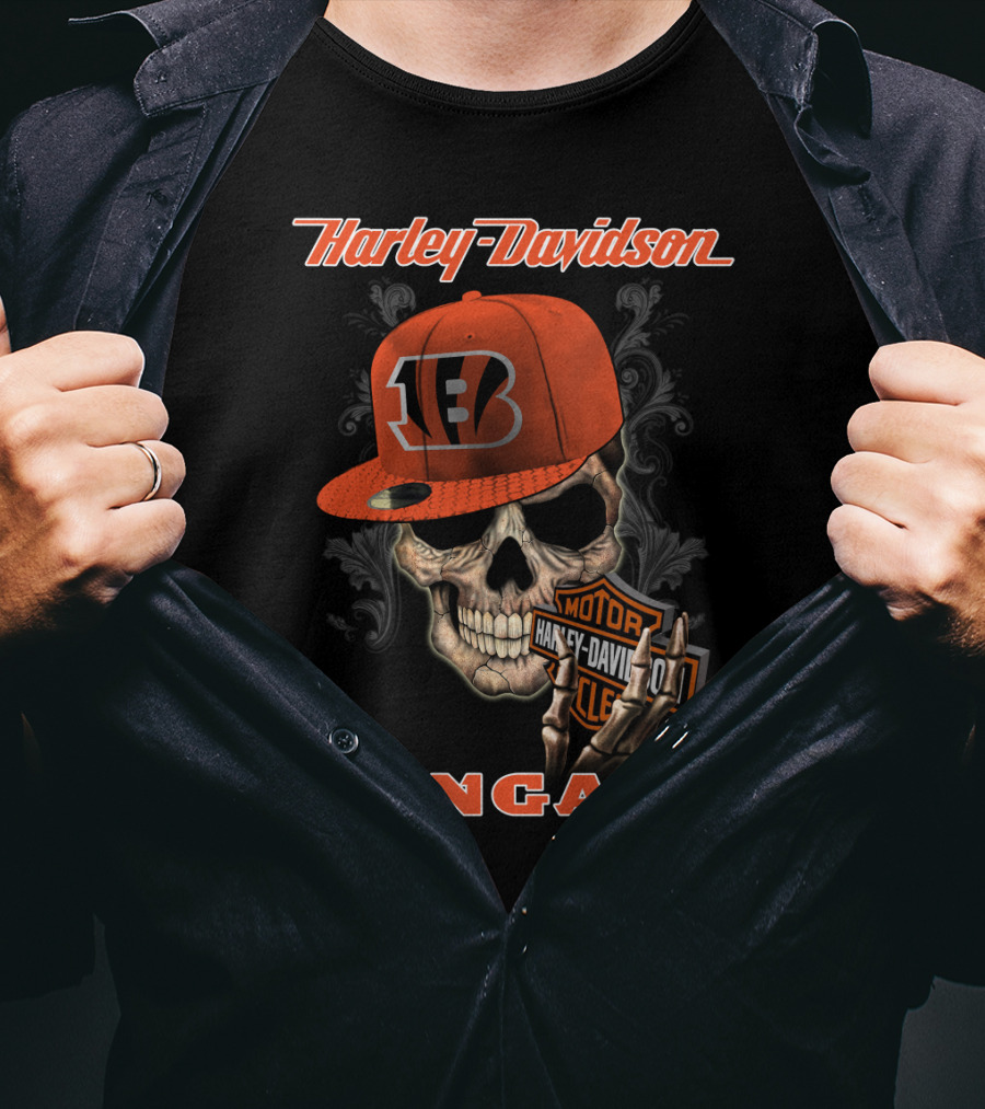 Harley Davidson Skull Bengals Cincinnati Motorcycles T-Shirt