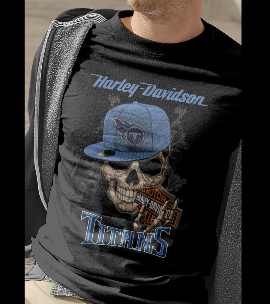 Harley Davidson Skull With Tennessee Titans Cap T-Shirt