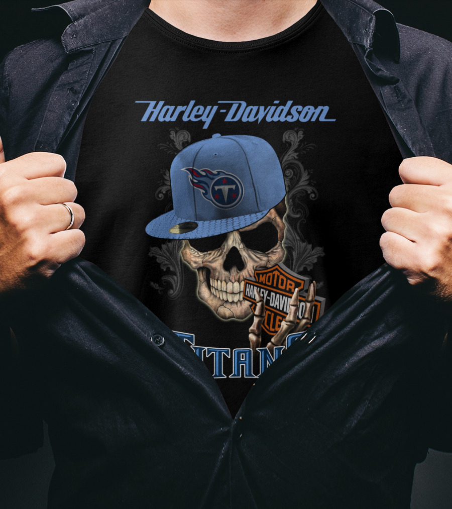 Harley Davidson Skull With Tennessee Titans Cap T-Shirt
