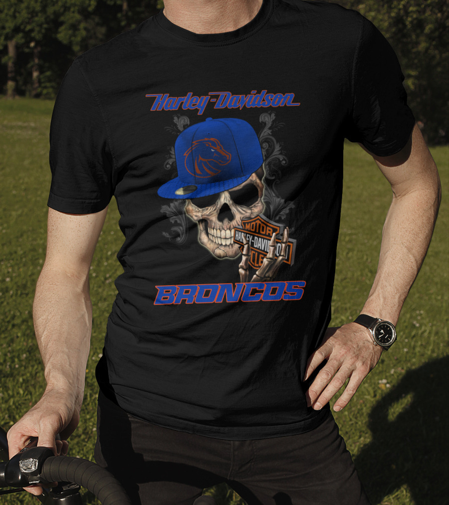 Harley Davidson Skull With Boise State Broncos Cap T-Shirt