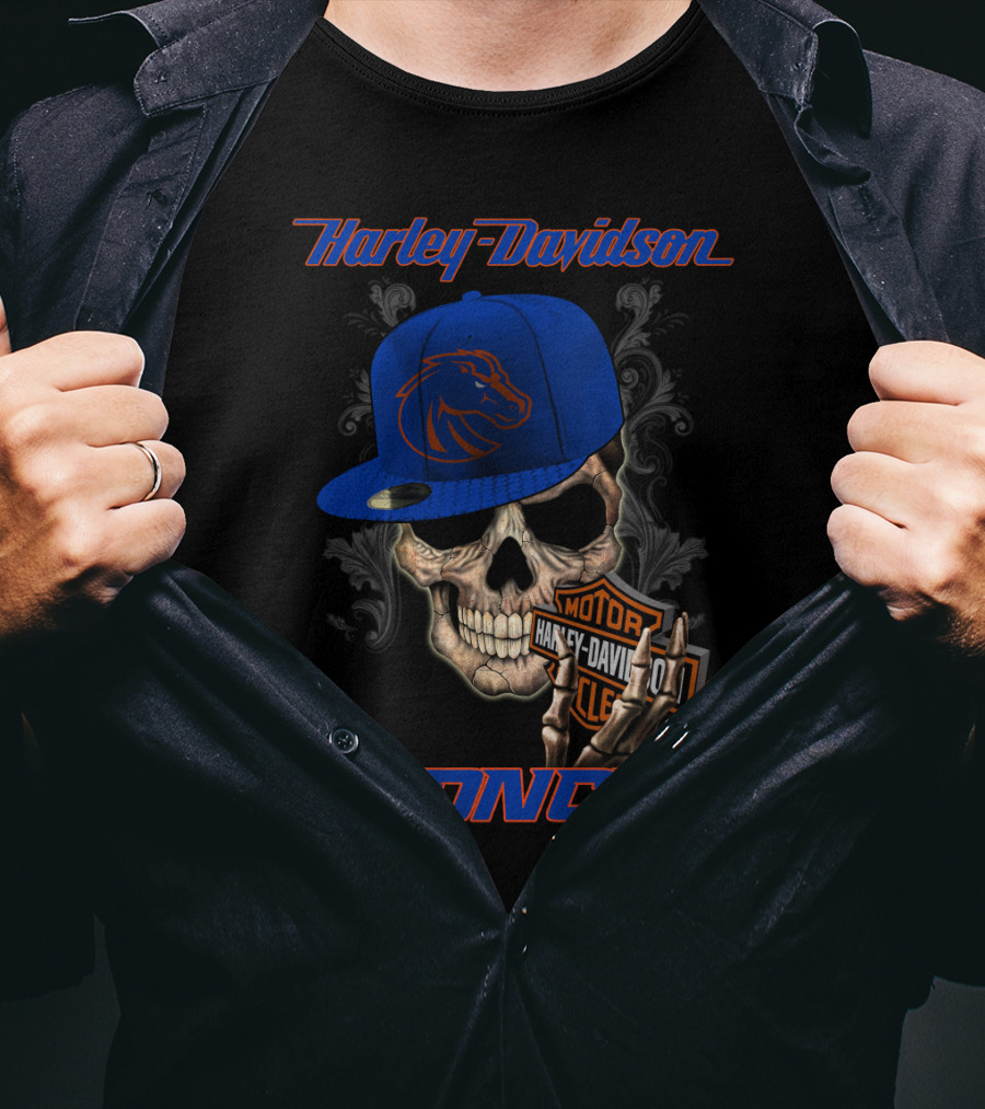 Harley Davidson Skull With Boise State Broncos Cap T-Shirt