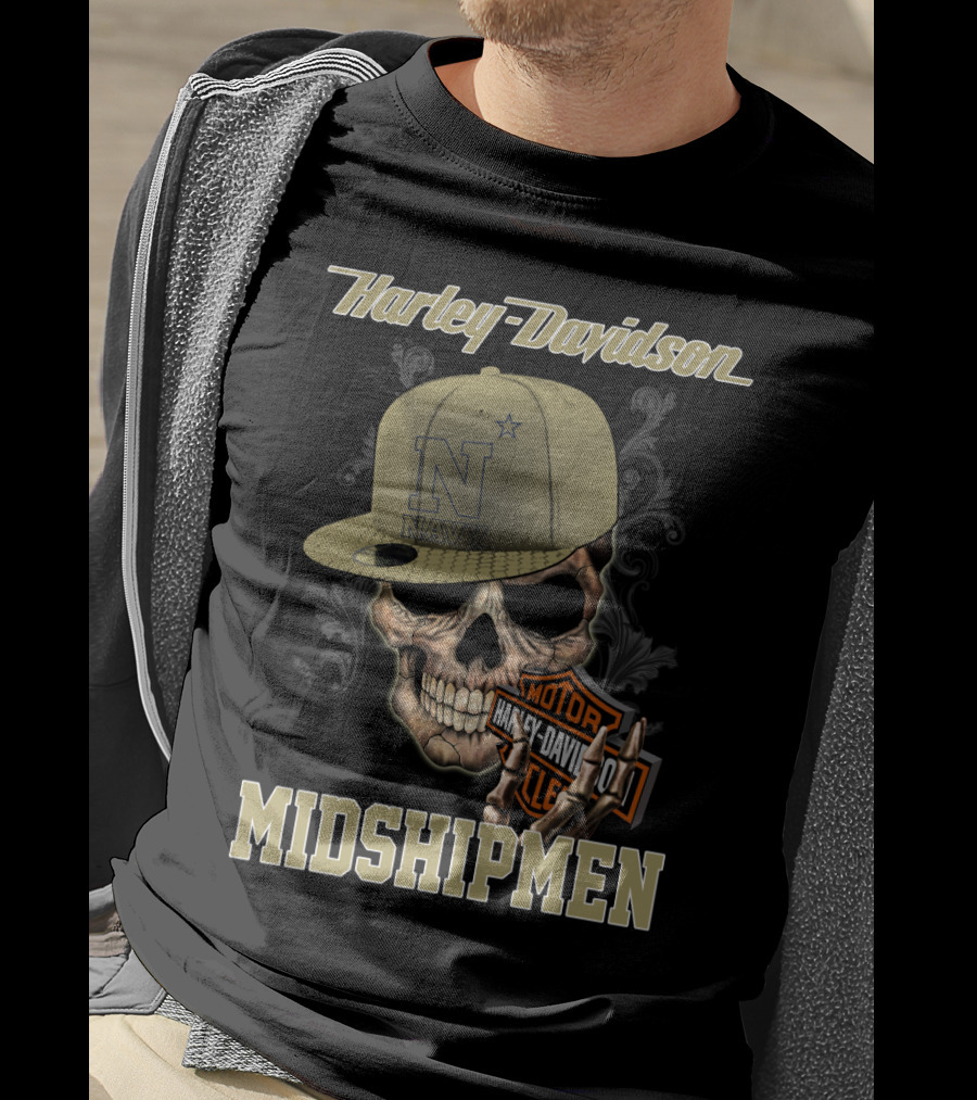 Harley Davidson Navy Midshipmen Skull Hat Motor Cle T-Shirt