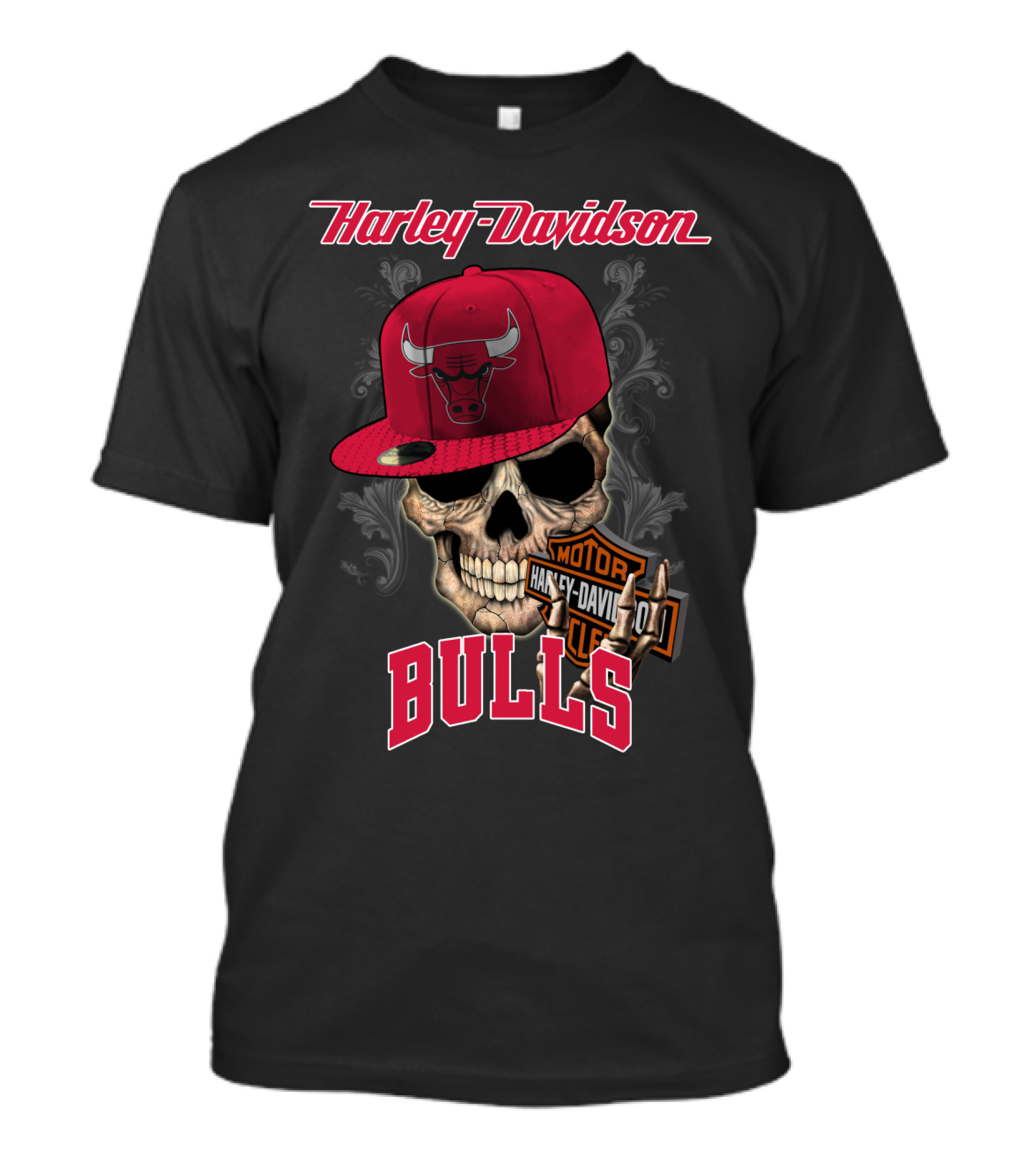 Harley Davidson Skull Chicago Bulls Cap With Motorcycle T-Shirt
