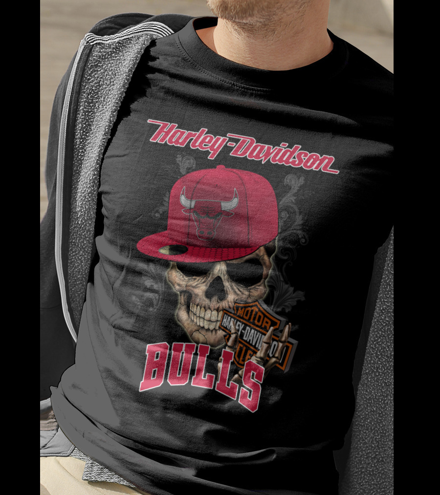 Harley Davidson Skull Chicago Bulls Cap With Motorcycle T-Shirt