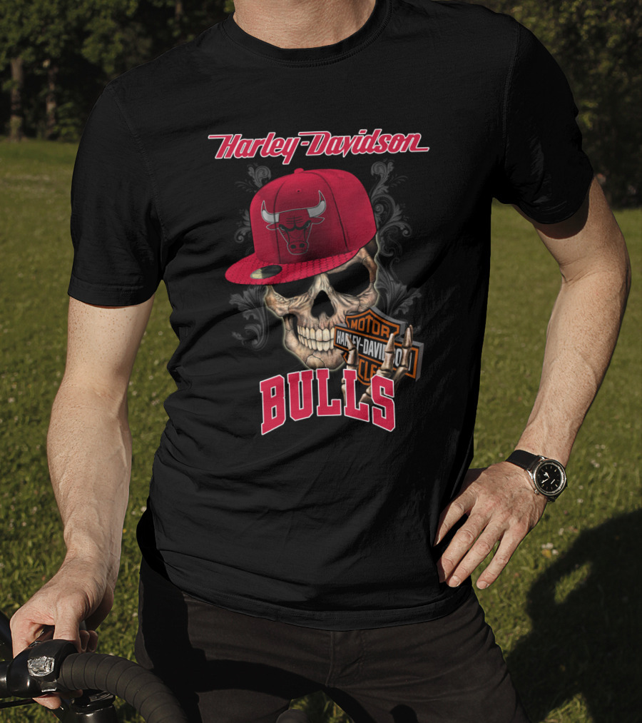 Harley Davidson Skull Chicago Bulls Cap With Motorcycle T-Shirt