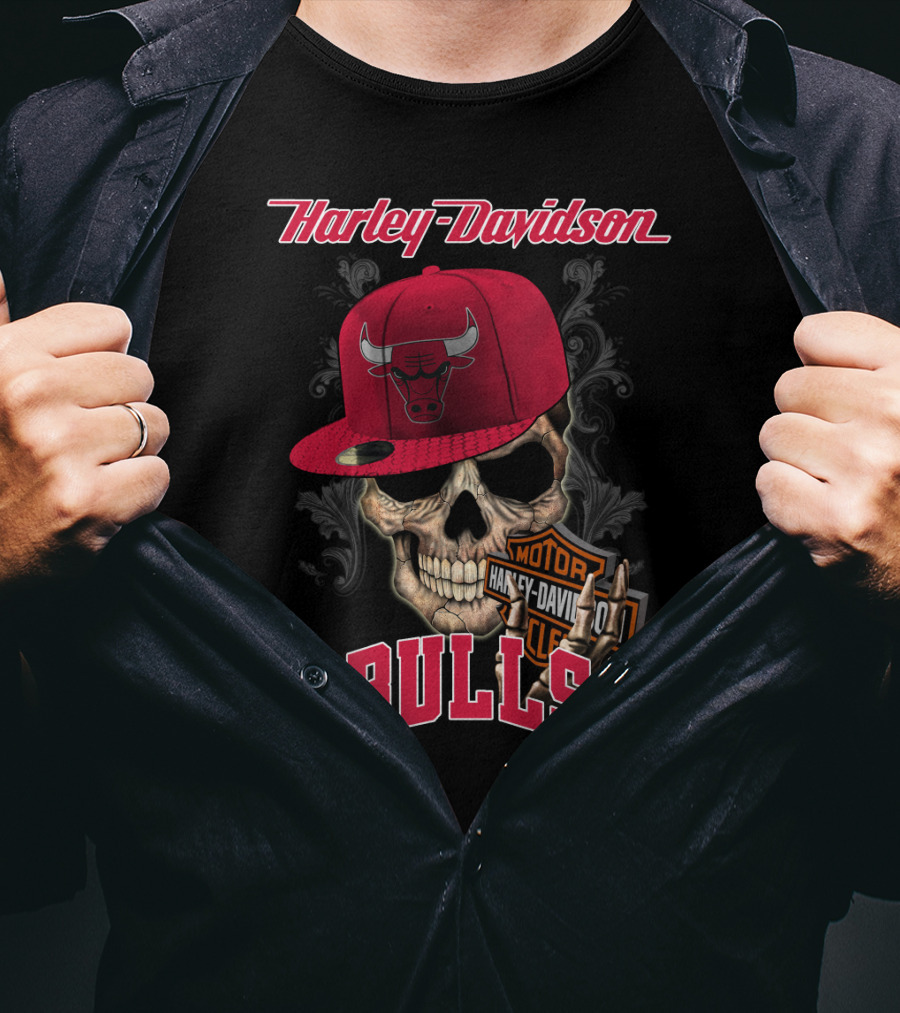 Harley Davidson Skull Chicago Bulls Cap With Motorcycle T-Shirt