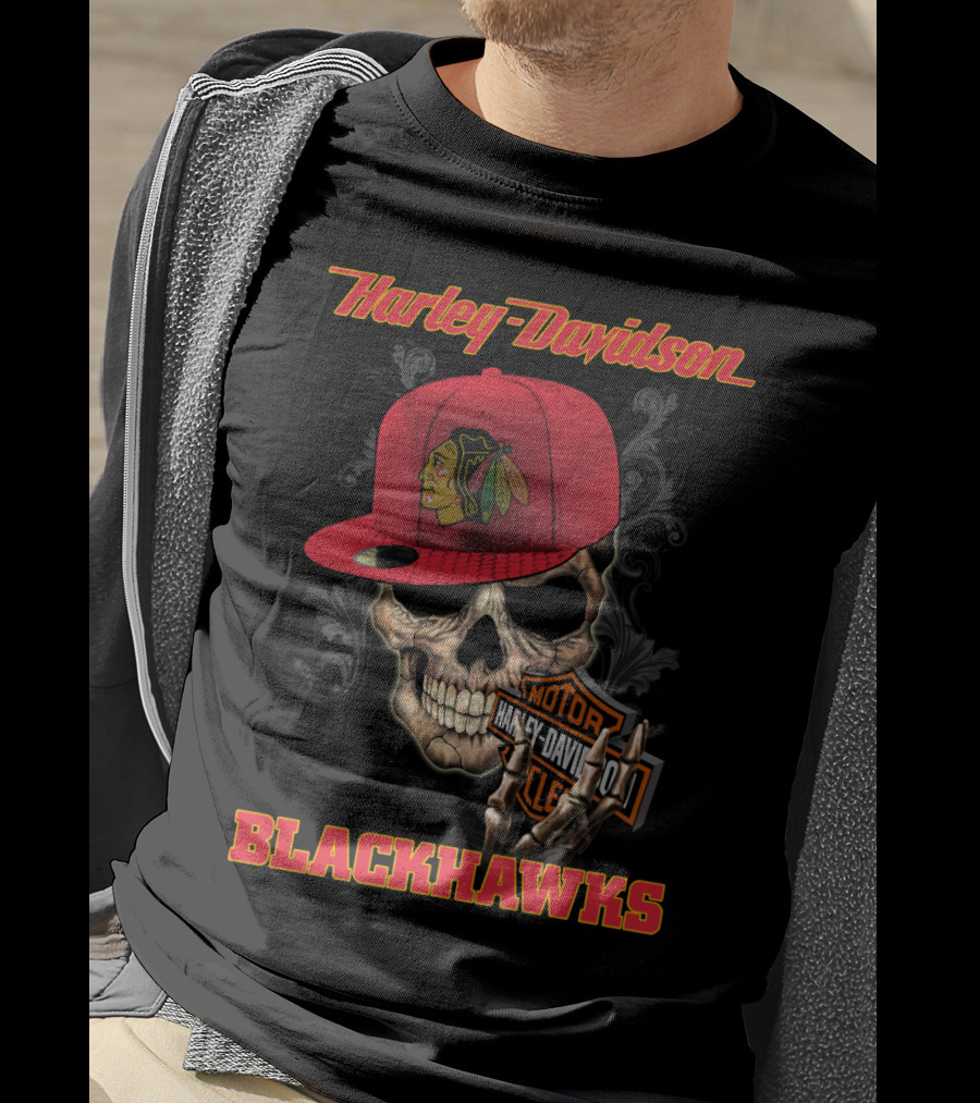 Harley Davidson Skull With Chicago Blackhawks Cap And Motor Cycle T-Shirt
