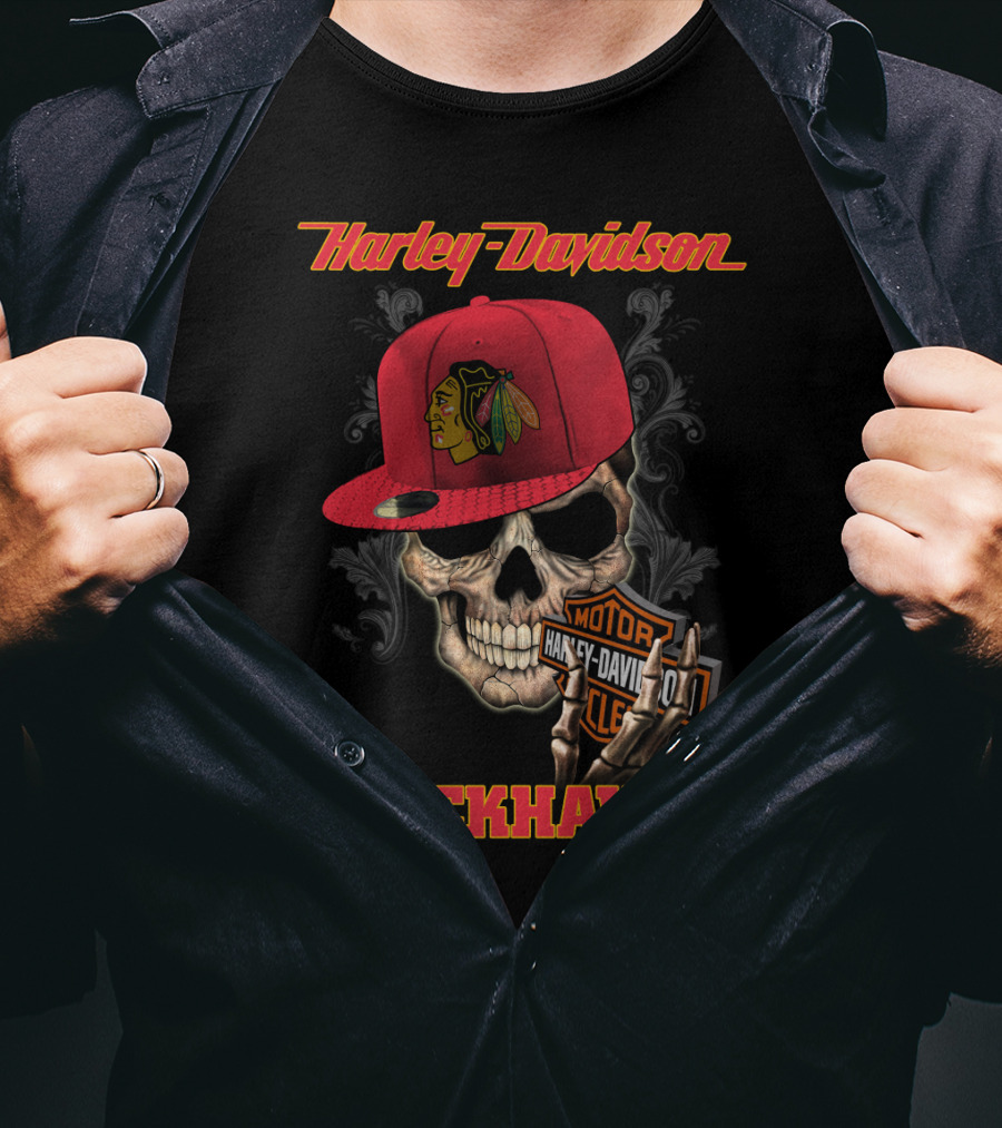 Harley Davidson Skull With Chicago Blackhawks Cap And Motor Cycle T-Shirt