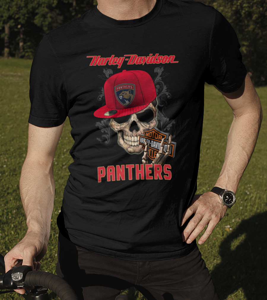 Harley Davidson Skull Florida Panthers Logo With Cap And Motorcycle Badge T-Shirt