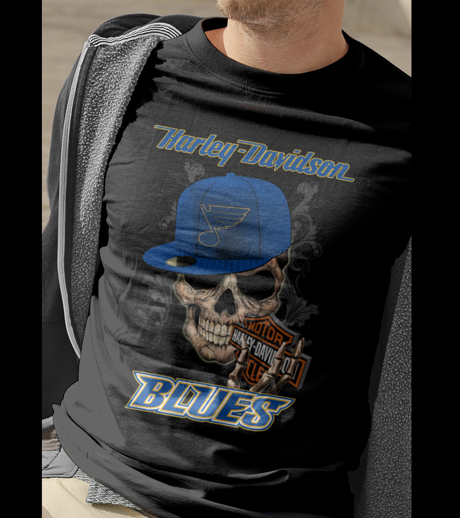 Harley Davidson St Louis Blues Skull Hat Nhl T-Shirt