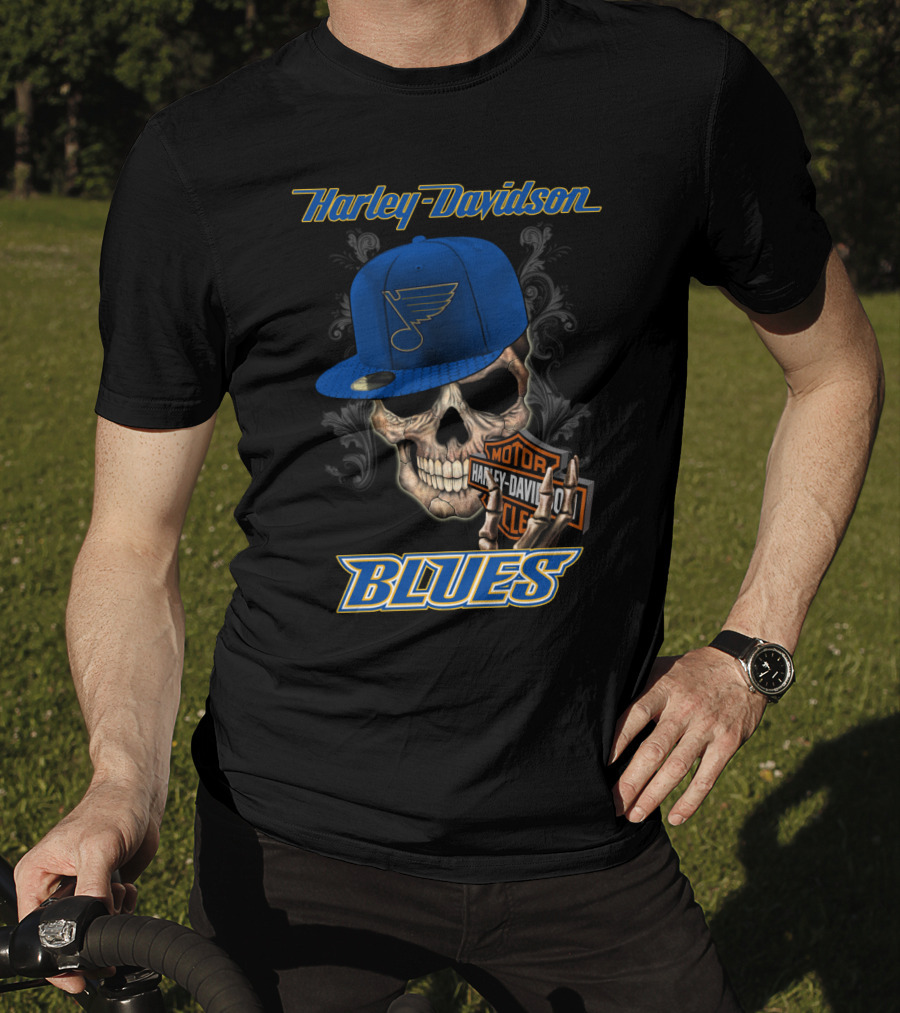 Harley Davidson St Louis Blues Skull Hat Nhl T-Shirt