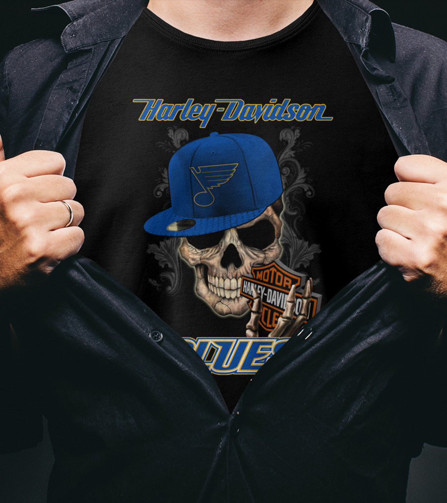 Harley Davidson St Louis Blues Skull Hat Nhl T-Shirt