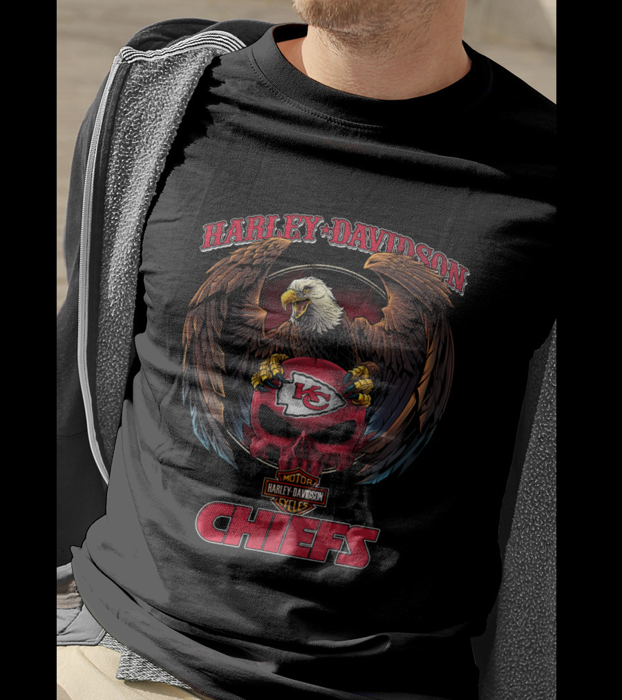 Harley Davidson Kansas City Chiefs Nfl Logo With Eagle And Skull T-Shirt