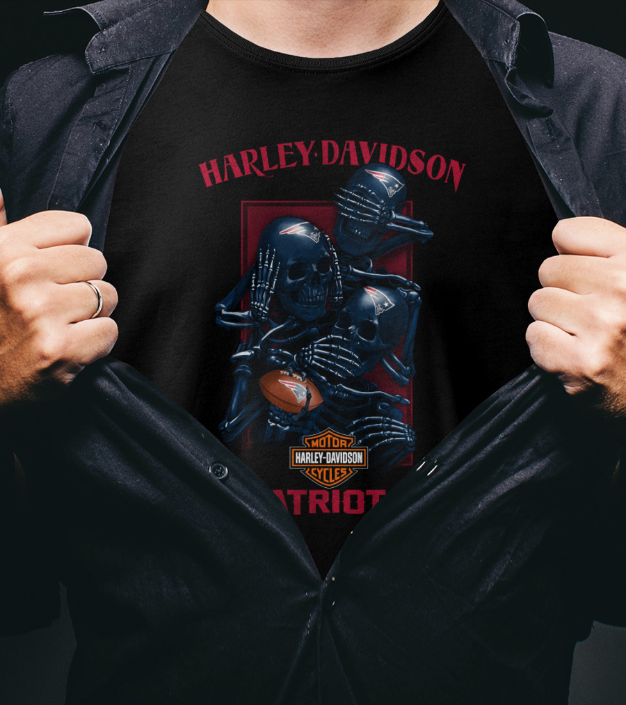 Harley Davidson Motor Cycles New England Patriots Skulls Nfl Football T-Shirt