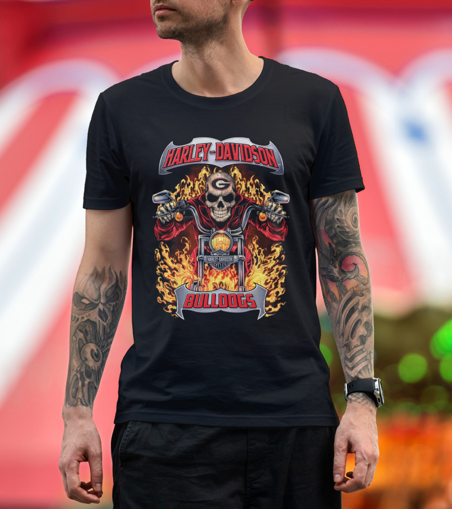 Harley Davidson Georgia Bulldogs Skull Motorcycle Flame T-Shirt