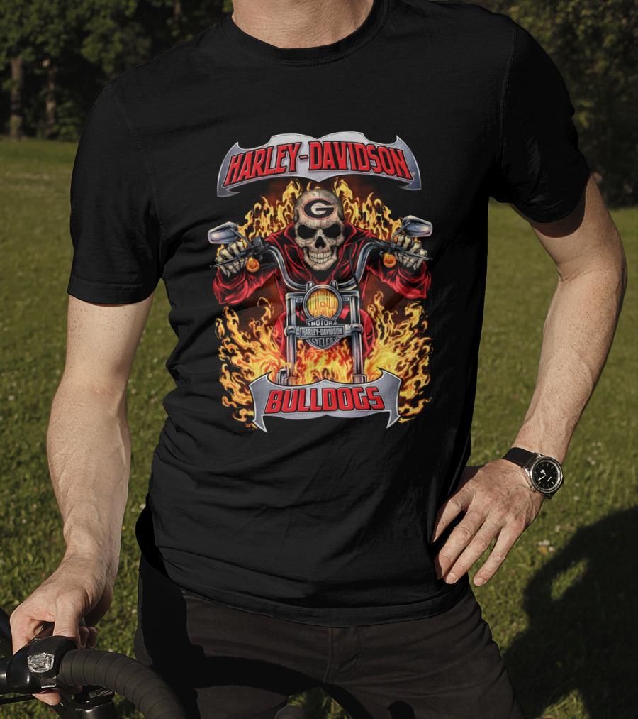 Harley Davidson Georgia Bulldogs Skull Motorcycle Flame T-Shirt