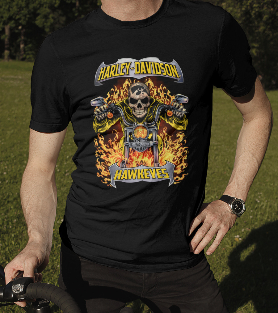 Harley Davidson Hawkeyes Iowa Ncaa Hl1502 Motorcycle Skull Flame T-Shirt