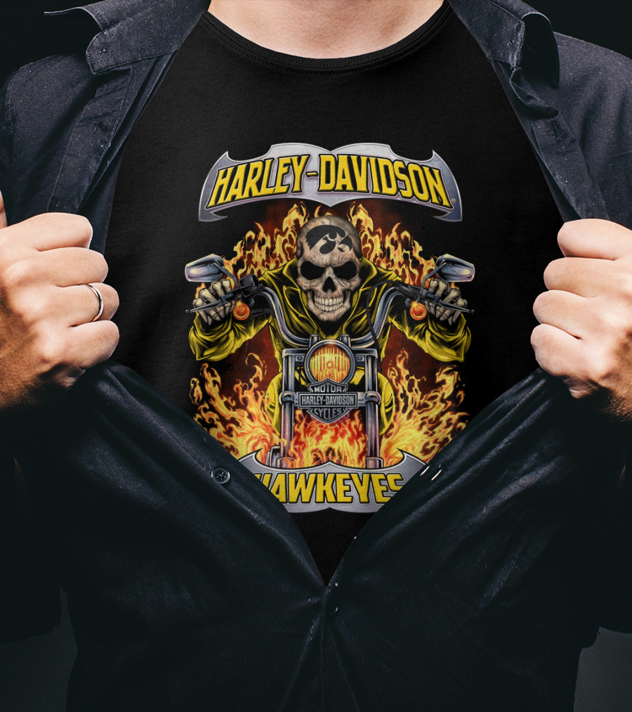 Harley Davidson Hawkeyes Iowa Ncaa Hl1502 Motorcycle Skull Flame T-Shirt