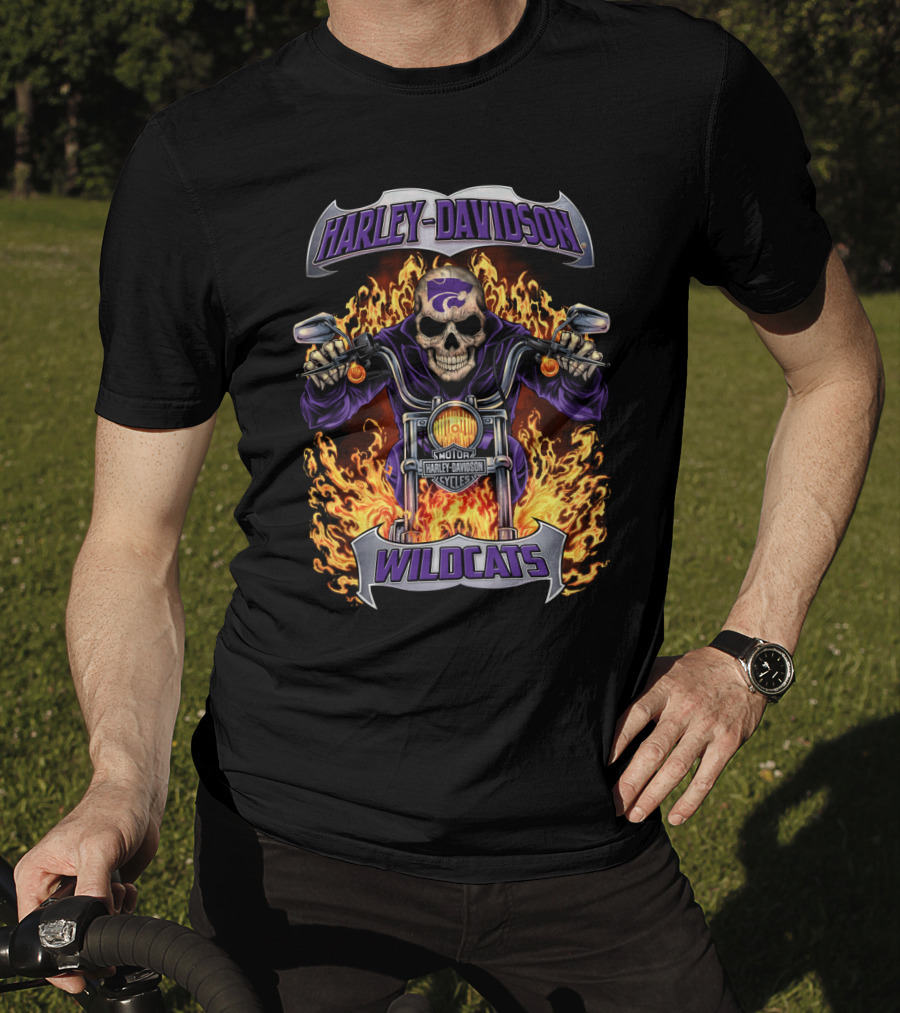 Harley Davidson Kansas State Wildcats Motorcycle Skull Flames T-Shirt