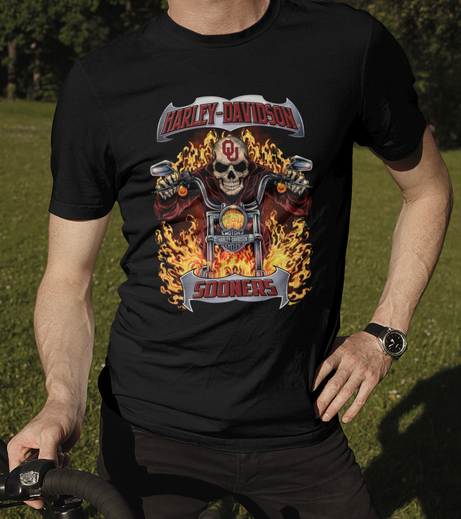 Harley Davidson Sooners Ou Skull Motorcycle Flames T-Shirt