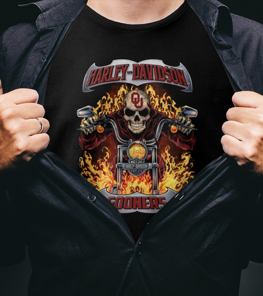 Harley Davidson Sooners Ou Skull Motorcycle Flames T-Shirt