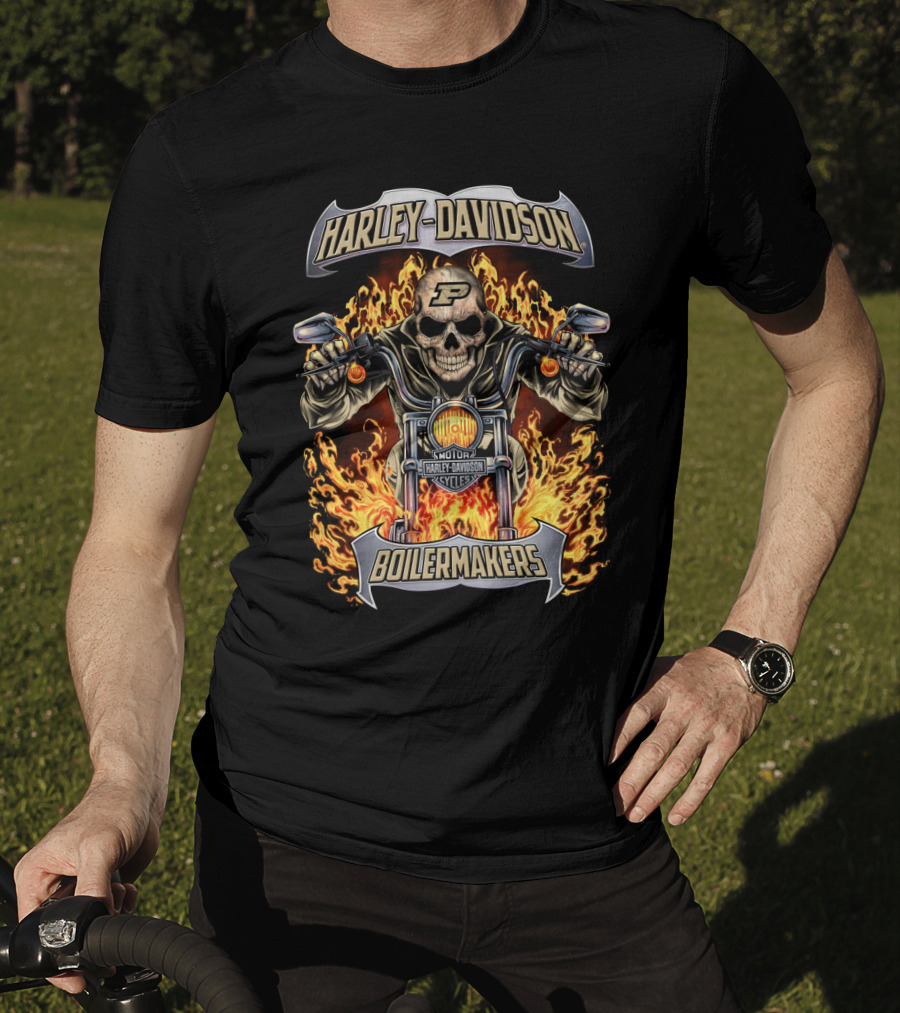 Harley Davidson Purdue Boilermakers Motorcycles Flame Skull T-Shirt