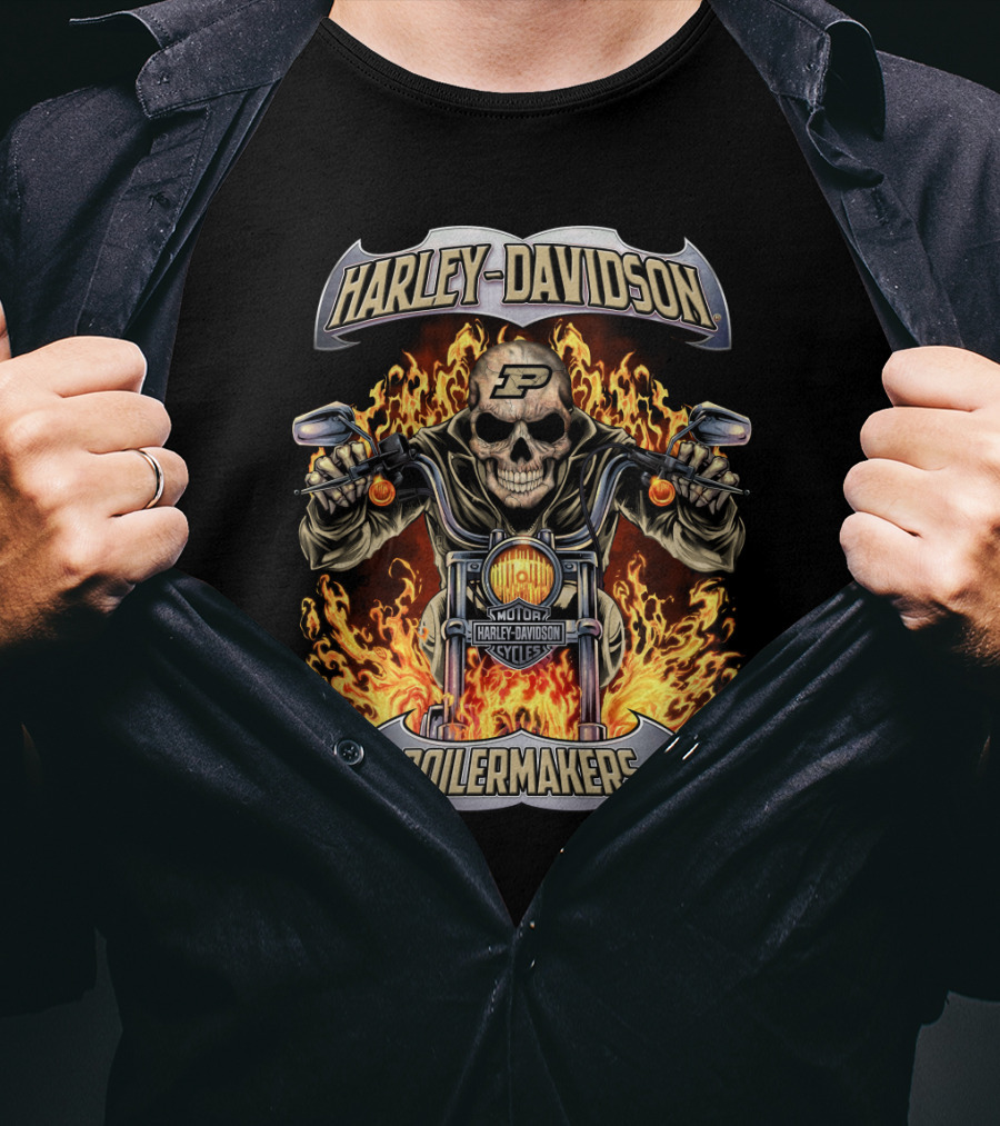 Harley Davidson Purdue Boilermakers Motorcycles Flame Skull T-Shirt