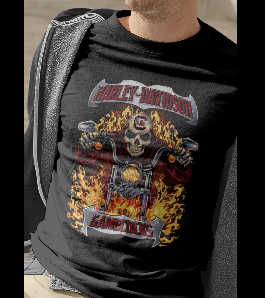 Harley Davidson South Carolina Gamecocks Flaming Skull Motorcycle T-Shirt