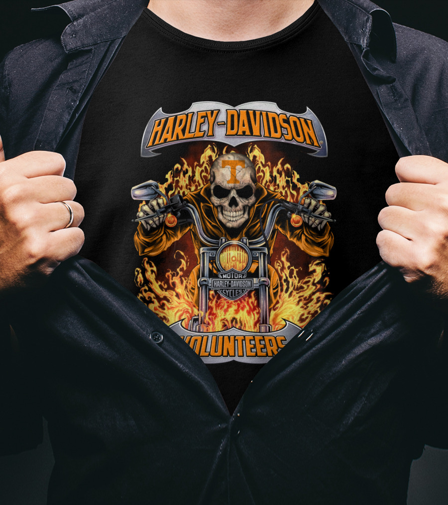 Harley Davidson Tennessee Volunteers Skull Motorcycle Flames T-Shirt