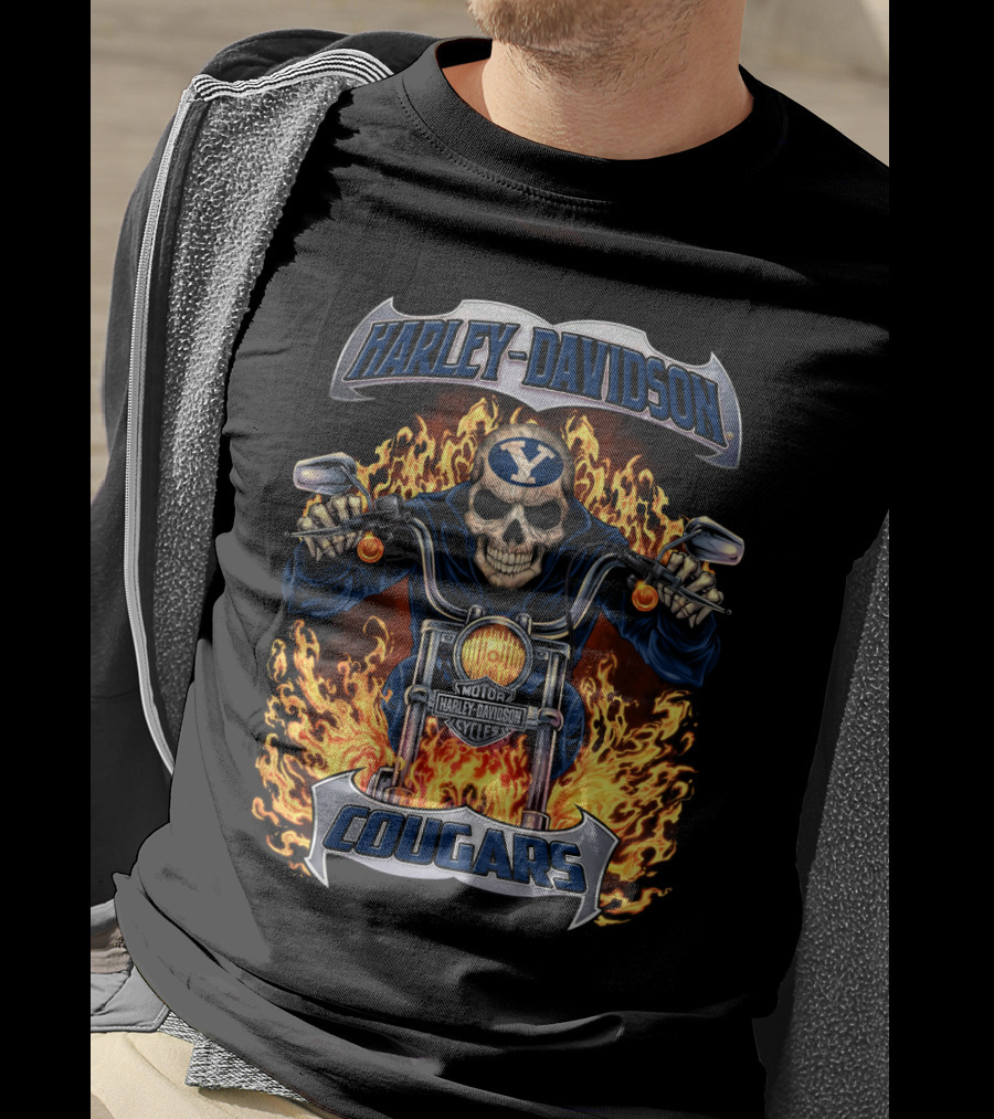 Harley Davidson Cougars Skull Flames Hl1502 Ncaa Byu T-Shirt