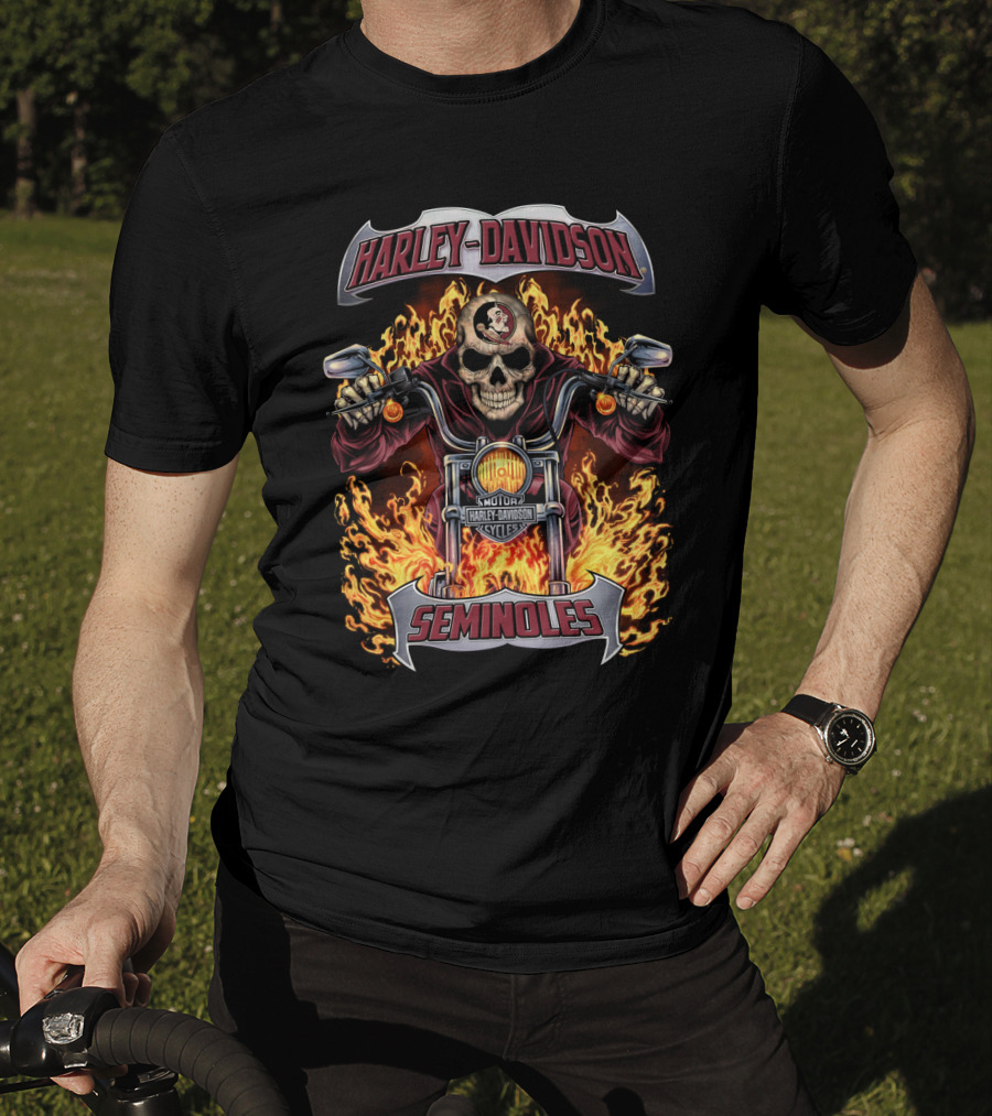 Harley Davidson Seminoles Skull Flames Motorcycle Theme T-Shirt