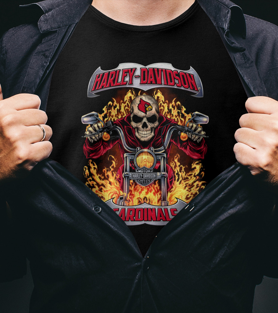 Harley Davidson Louisville Cardinals Skull Flames Motorcycle T-Shirt