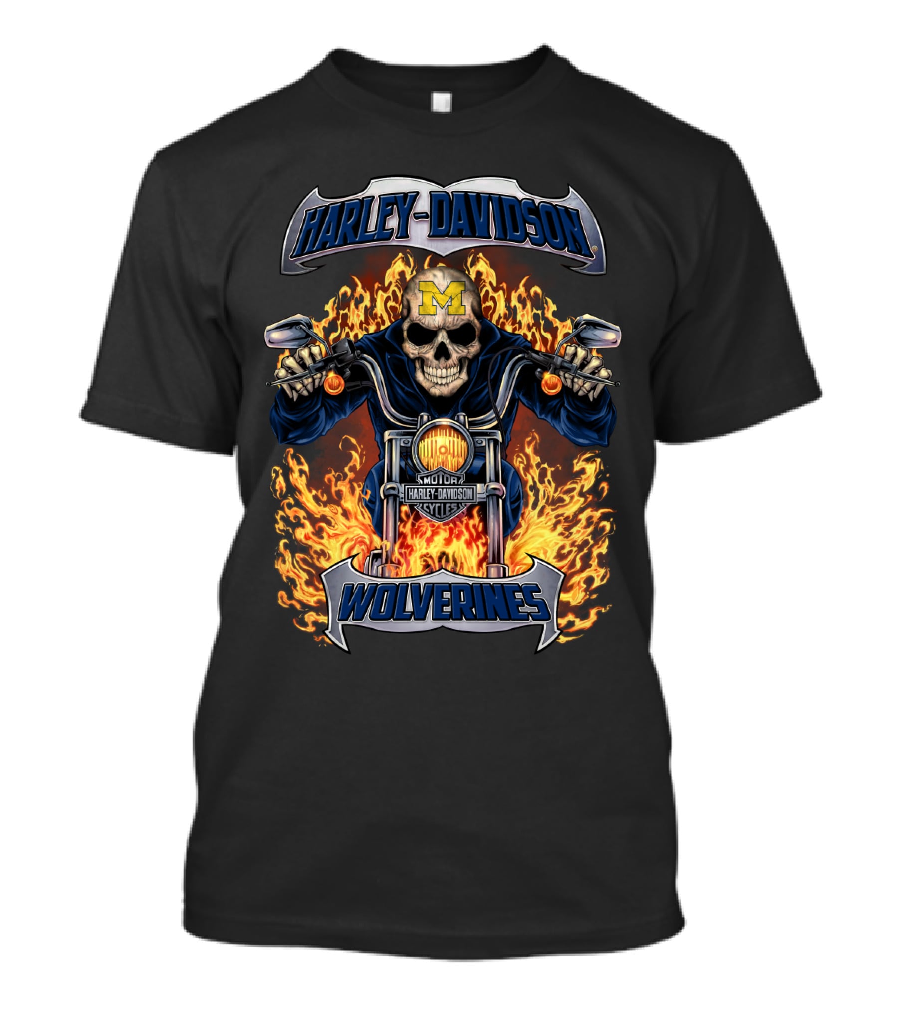 Harley Davidson Michigan Wolverines Skull Flames Motorcycles T-Shirt