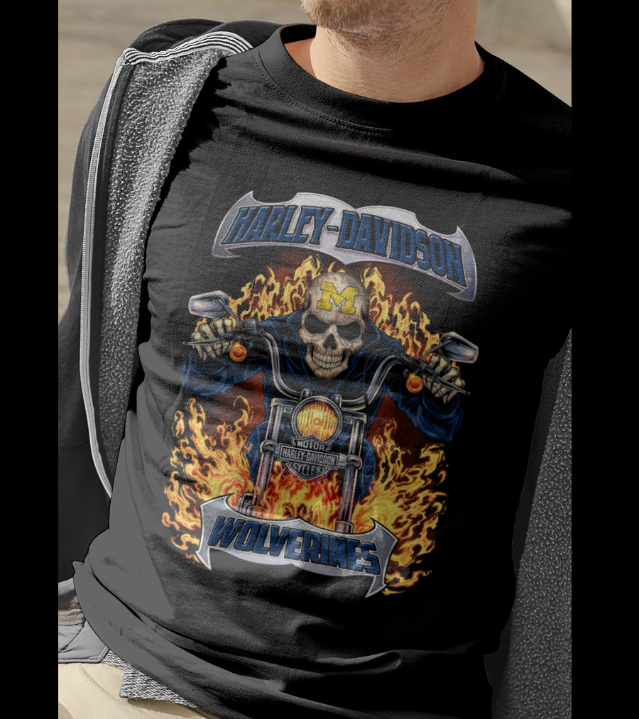 Harley Davidson Michigan Wolverines Skull Flames Motorcycles T-Shirt
