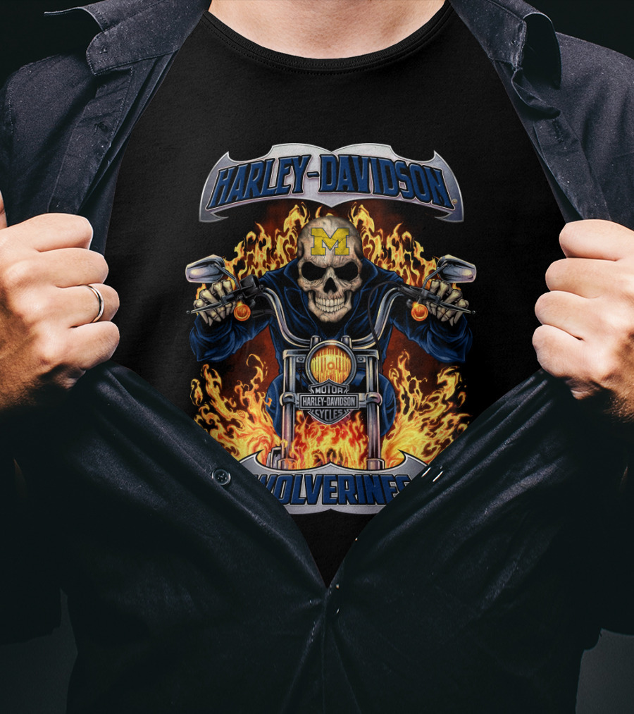 Harley Davidson Michigan Wolverines Skull Flames Motorcycles T-Shirt