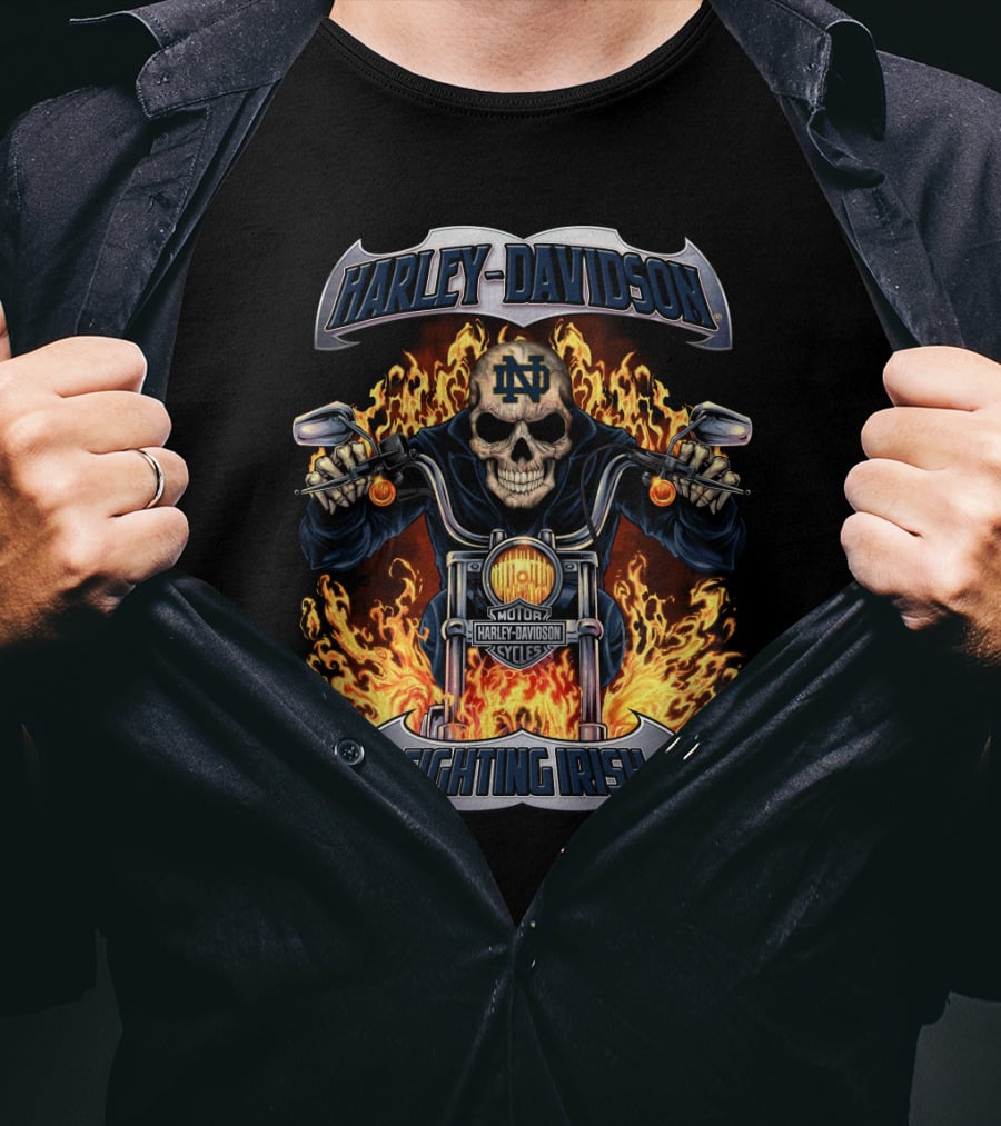 Harley Davidson Notre Dame Fighting Irish Motorcycle Skull Flames T-Shirt
