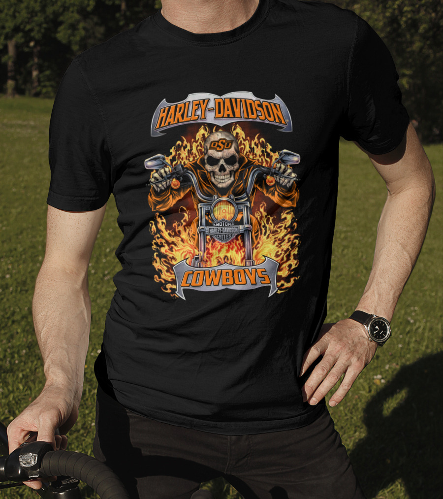 Harley Davidson Oklahoma State Cowboys Osu Skull Flames Motorcycle T-Shirt