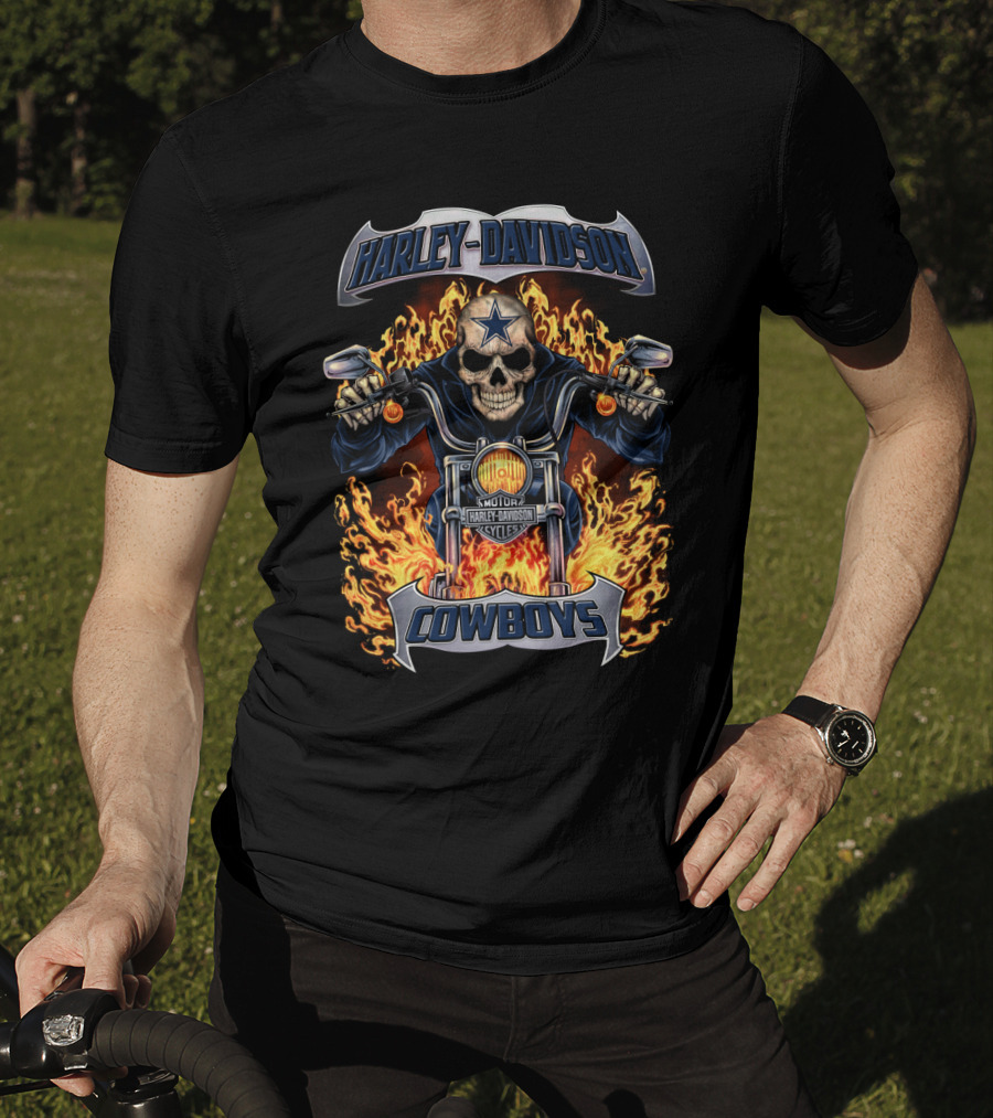 Harley Davidson Cowboys Skull On Fire With Dallas Cowboys Star T-Shirt