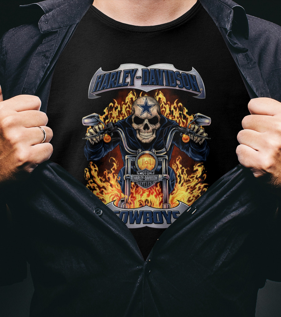 Harley Davidson Cowboys Skull On Fire With Dallas Cowboys Star T-Shirt