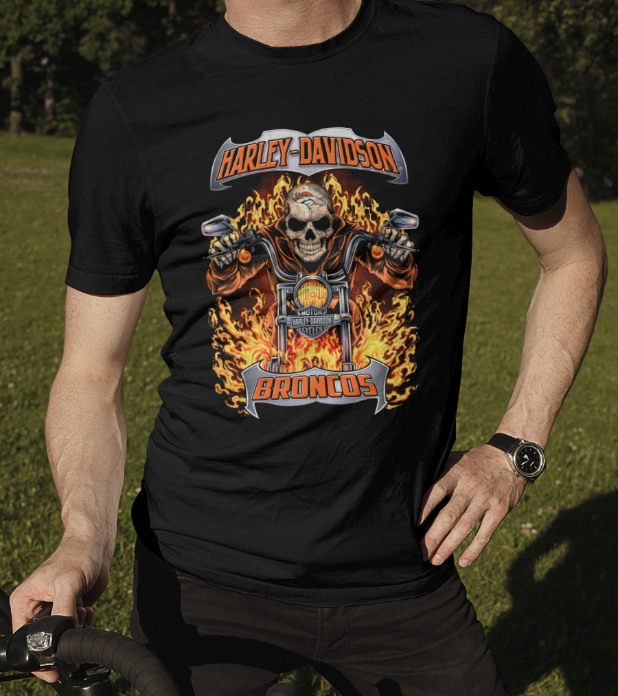 Harley Davidson Denver Broncos Skull Flames Motorcycle Nfl Hl1502 T-Shirt