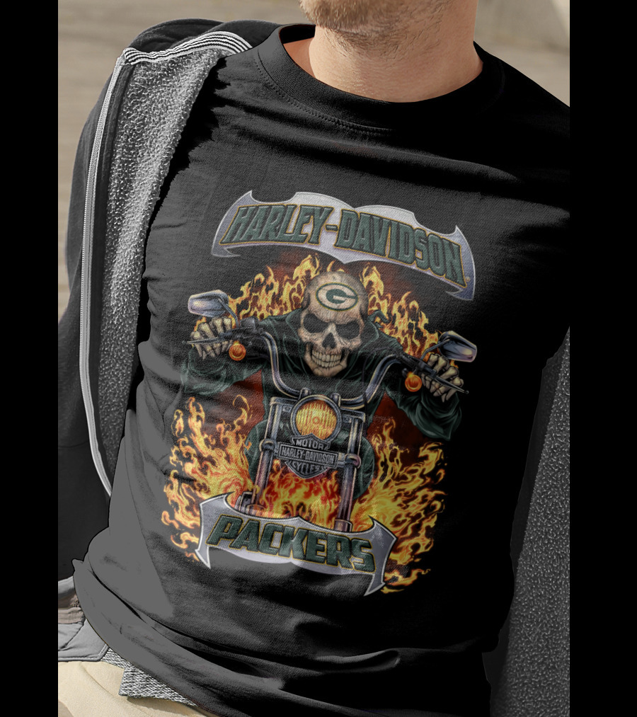 Harley Davidson Packers Skull Motorcycle Flames Green Bay T-Shirt
