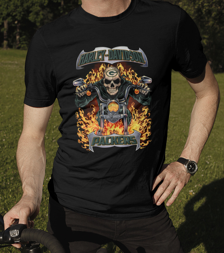 Harley Davidson Packers Skull Motorcycle Flames Green Bay T-Shirt