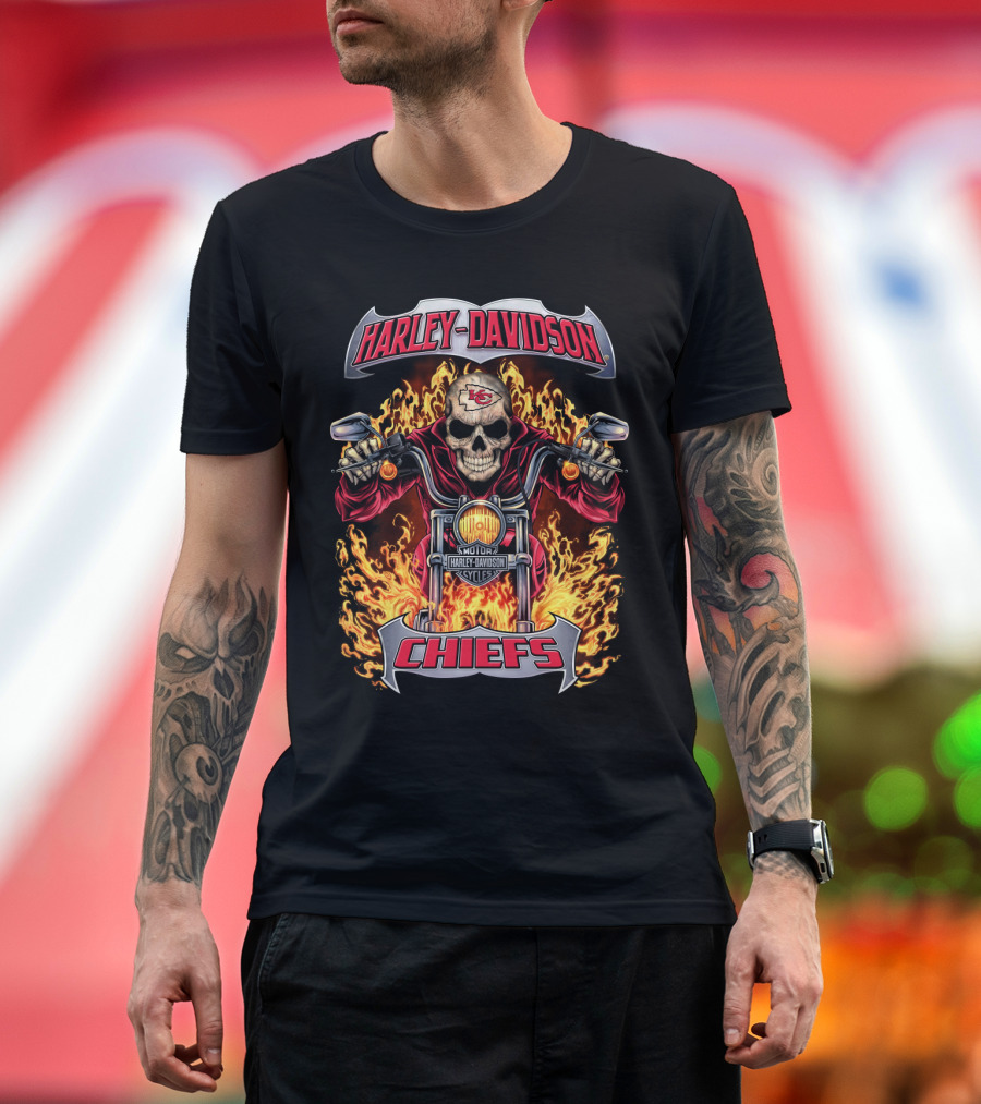 Harley Davidson Kansas City Chiefs Skull Flames Motorcycle T-Shirt